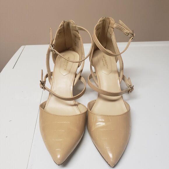 Liz Claiborne Faux Croc Tan Strap Pointy Toe Zip Accent Stiletto Sz 9M PO Exc - Picture 4 of 12